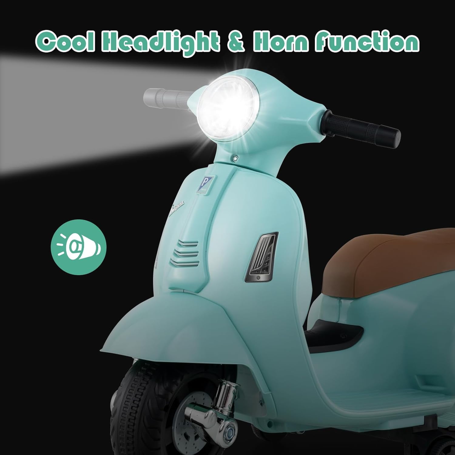 Licensed Vespa Kids Motorcycle by OLAKIDS, 6V Battery Powered Motorbike for Toddlers with Training Wheels, Horn, LED Lights, Electric Ride on Toys for Boys Girls Aged 18-36 Months