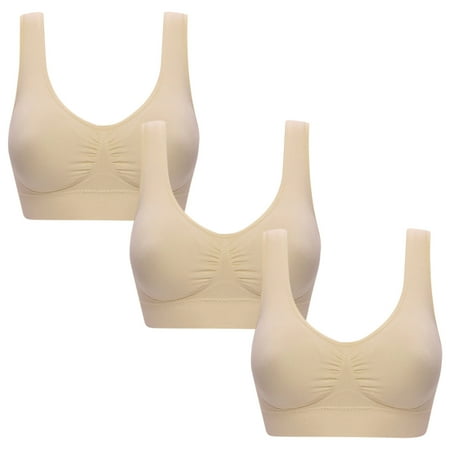 miqiqism 3Pcs Comfortable Anti-Saggy Breasts Bra  Juniors Ultra-Thin Comfort Bralette Wireless Bras  Full Coverage Yoga Solid Brassiere with Removable Pads Beige Medium