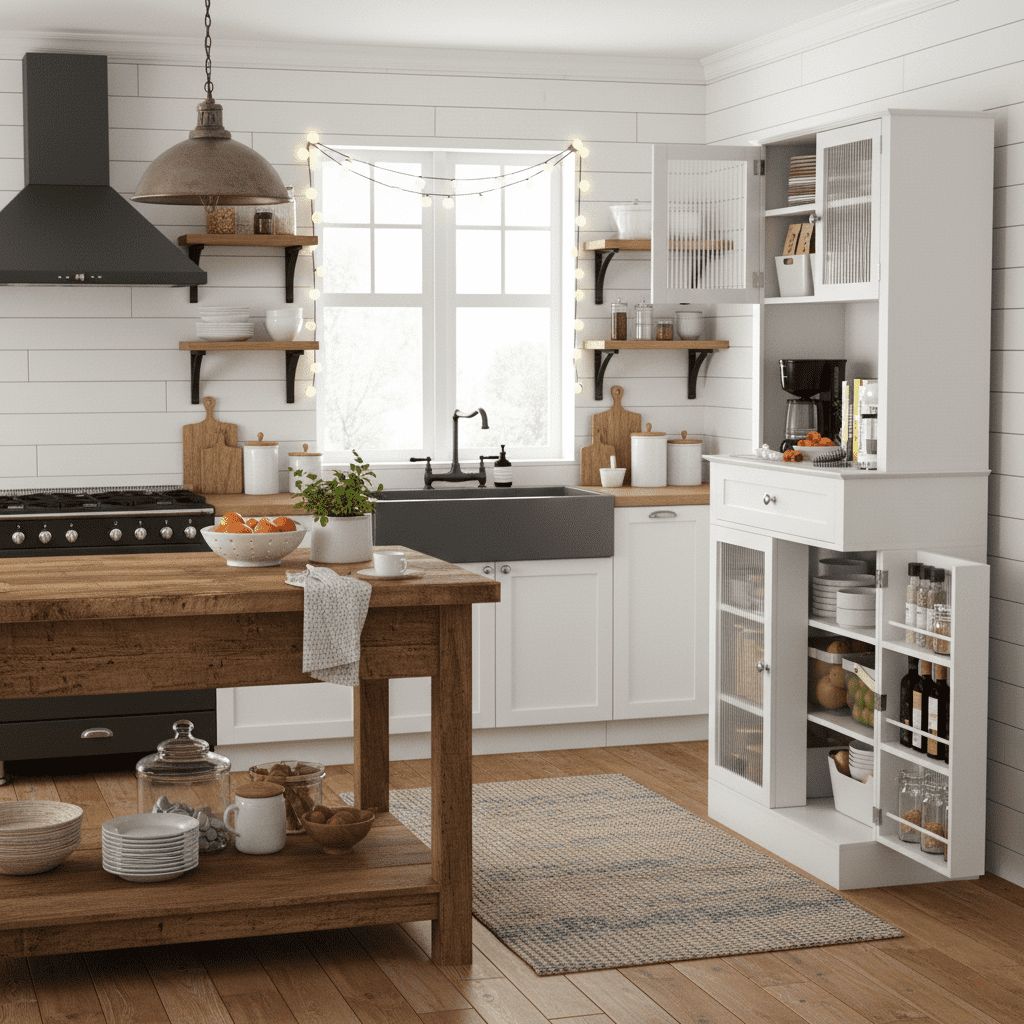 Danpinera Home 70" Tall Kitchen Pantry Cabinet with Hutch & 4 Glass Doors, Microwave Stand with Drawers, White