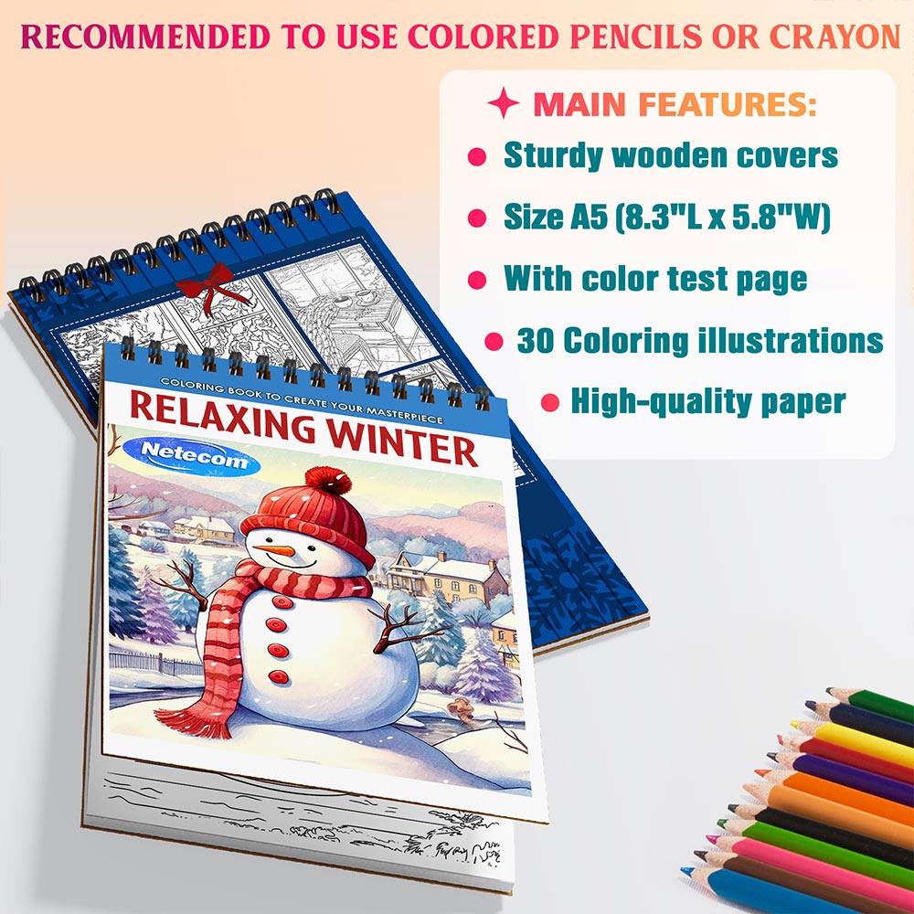 Netecom Relaxing Winter Coloring Book Spiral Bound For Adults, A5 Wooden Cover, 30 Calming Coloring Pages of Winter Scenes for Stress Relief and Relaxation