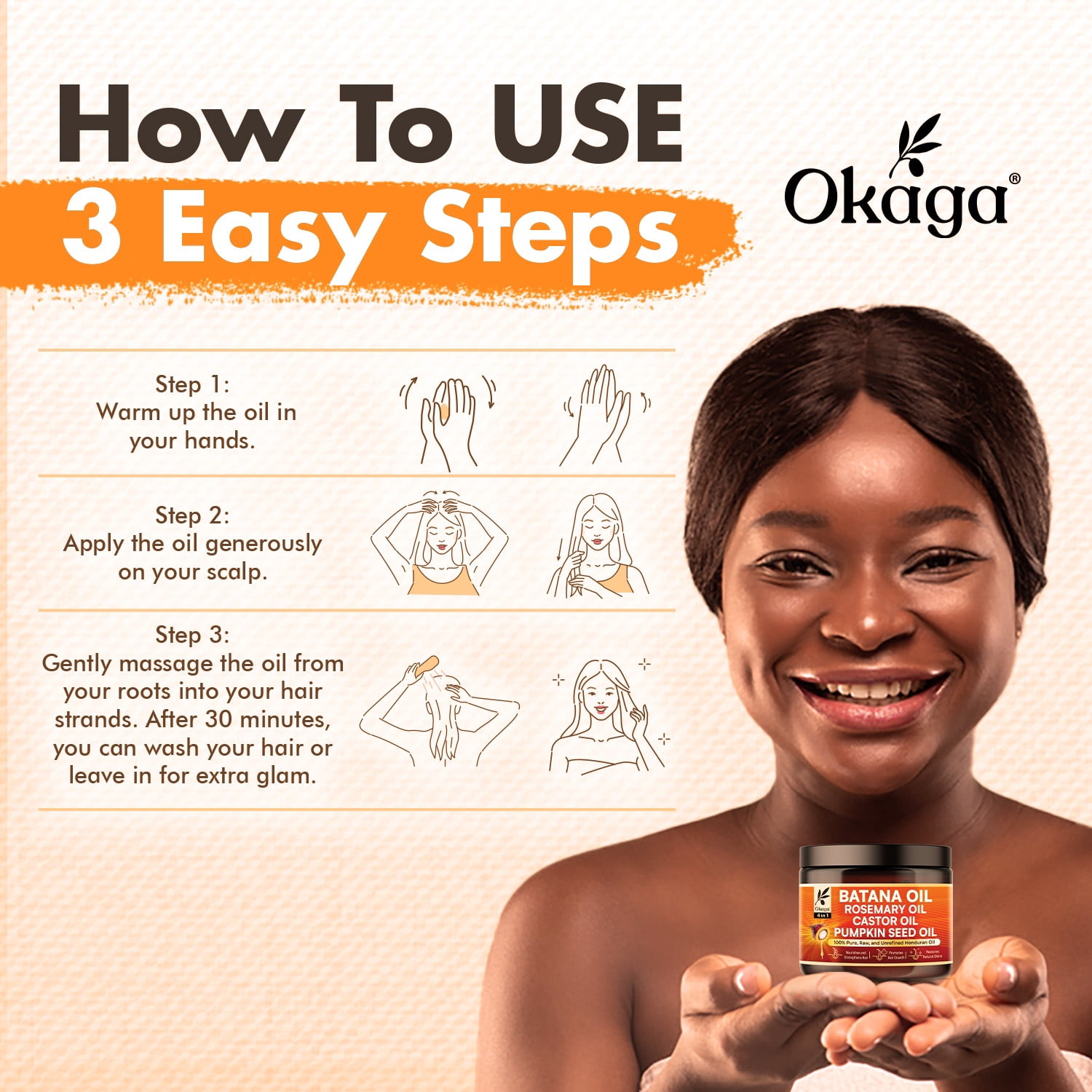 Okaga Batana Oil for Hair Growth, All-in-One Blend with Batana, Rosemary, Castor & Pumpkin Seed Oils, Pure & Unrefined, Softens, Smooths, Strengthens, Adds Shine, Clean Beauty for All Hair Types
