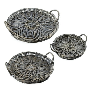 AuldHome Design Rustic Willow Basket Trays, Set of 3 (Round, Gray Washed); Natural Wicker Decorative Farmhouse Trays