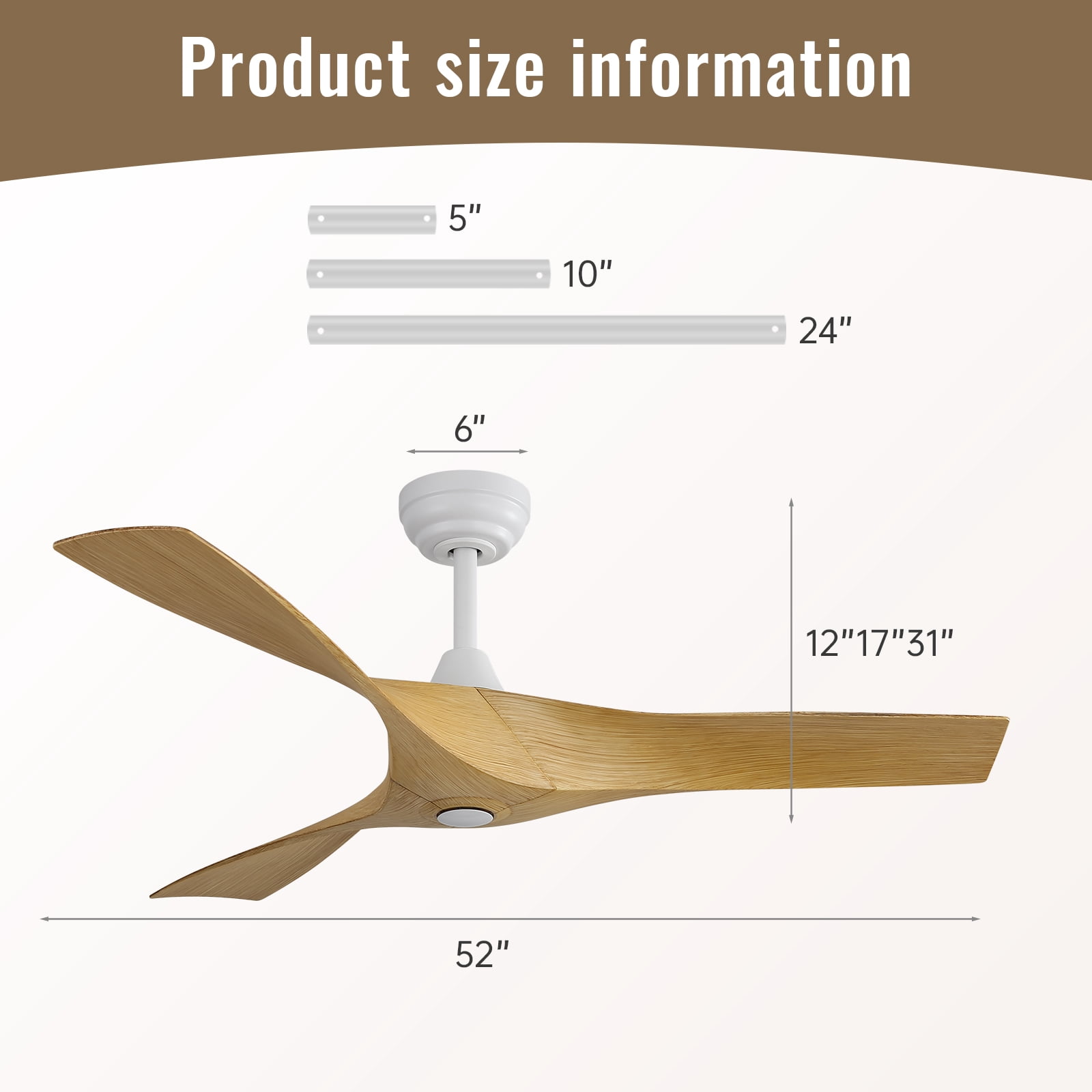 Sofucor 52 Inch Propeller ABS Ceiling Fan No Light, Low Profile Downrod Mount Ceiling Fans with Remote