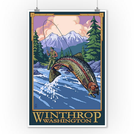 Winthrop, Washington - Angler Fly Fishing Scene (Leaping Trout) - Lantern Press Poster (9x12 Art Print, Wall Decor Travel