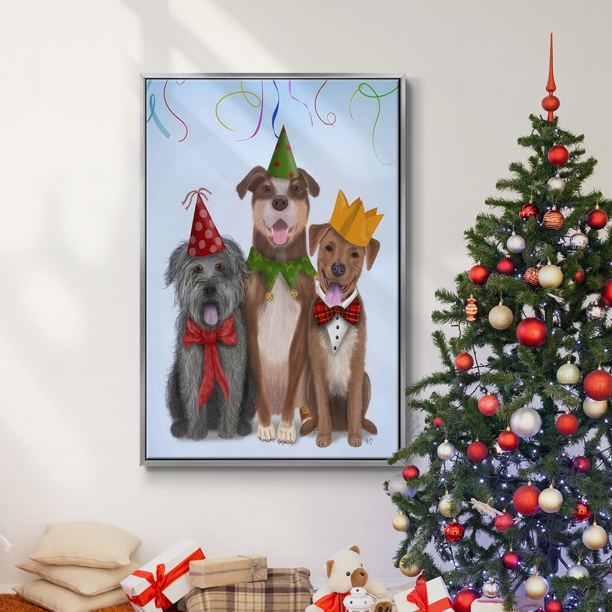 Christmas Party Mutts - Framed Gallery Wrapped Holiday Canvas - 27 x 41 - Silver Frame