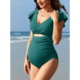 thumbnail image 3 of Sociala Warpped V Neck 1 Piece Swimwear for Maternity Ribbed Ruffle Sleeve Swimsuit, 3 of 8