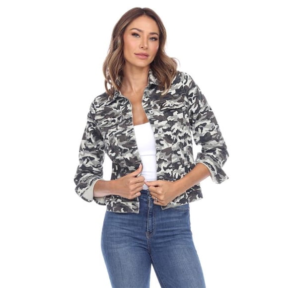 8060-01-XL Camo Print Denim Jacket for Women, Gray - Extra Large