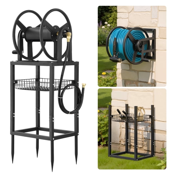 KFFKFF Wall-Mounted Garden Hose Reel, Accommodates 200 Feet of 5/8-inch Hose, Durable Outdoor Hose Holder with Brass Connector, Stylish Design, Bronze Coating, Ideal for Gardens and Backyards