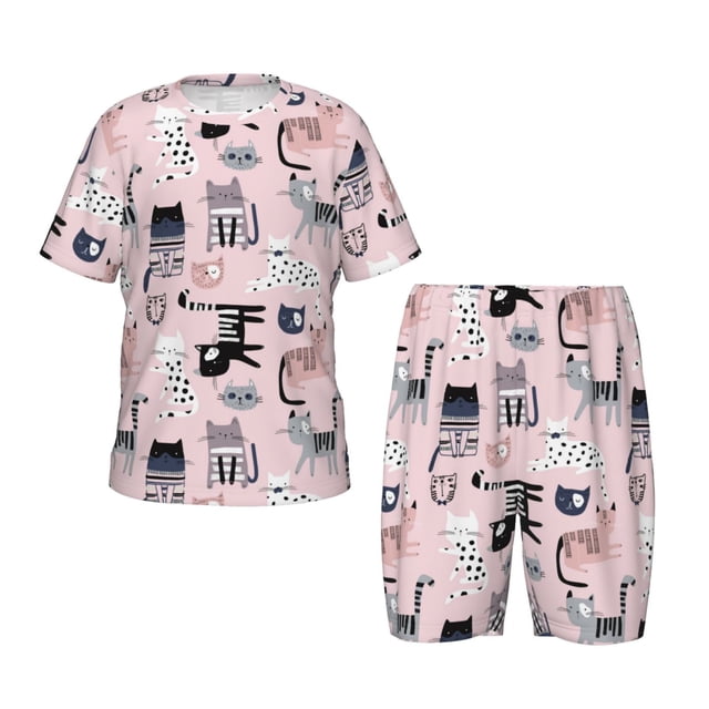 Balery Cat Conjunto de Pijama Infantil de Manga Corta con Estampado – Ropa de Dormir de Algodón Suave-Large