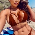 thumbnail image 3 of Traje de baño de bikini para mujer, cuello halter, correa de cierre, anillo vinculado sin espalda, traje de baño de 2 piezas, color café M, 3 of 5