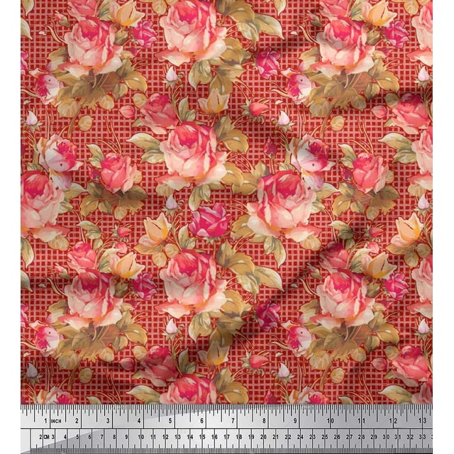 Soimoi Poly Georgette Fabric Check,Leaves & Rose Floral Print Fabric by Yard 52 Inch Wide