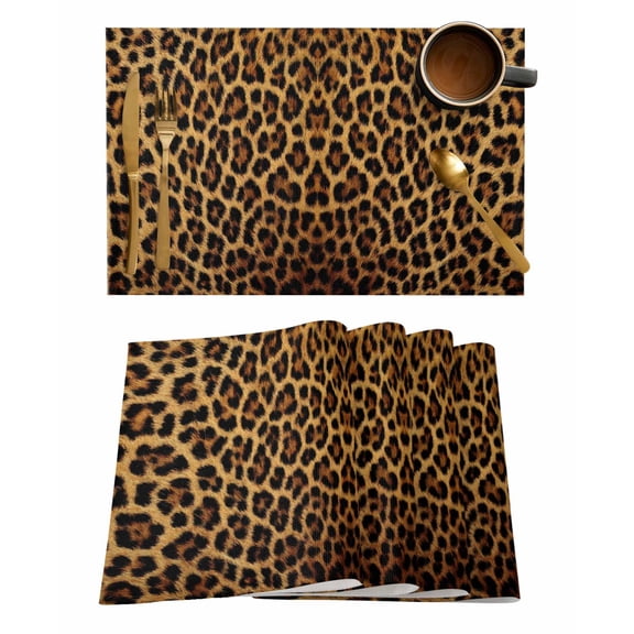 Placemats Set of 6, Brown Leopard Print Woven Placemat, Linen Place Mats for Kitchen/Dining Tables, Classic Abstract Animal Patterned Washable Table Mats for Party