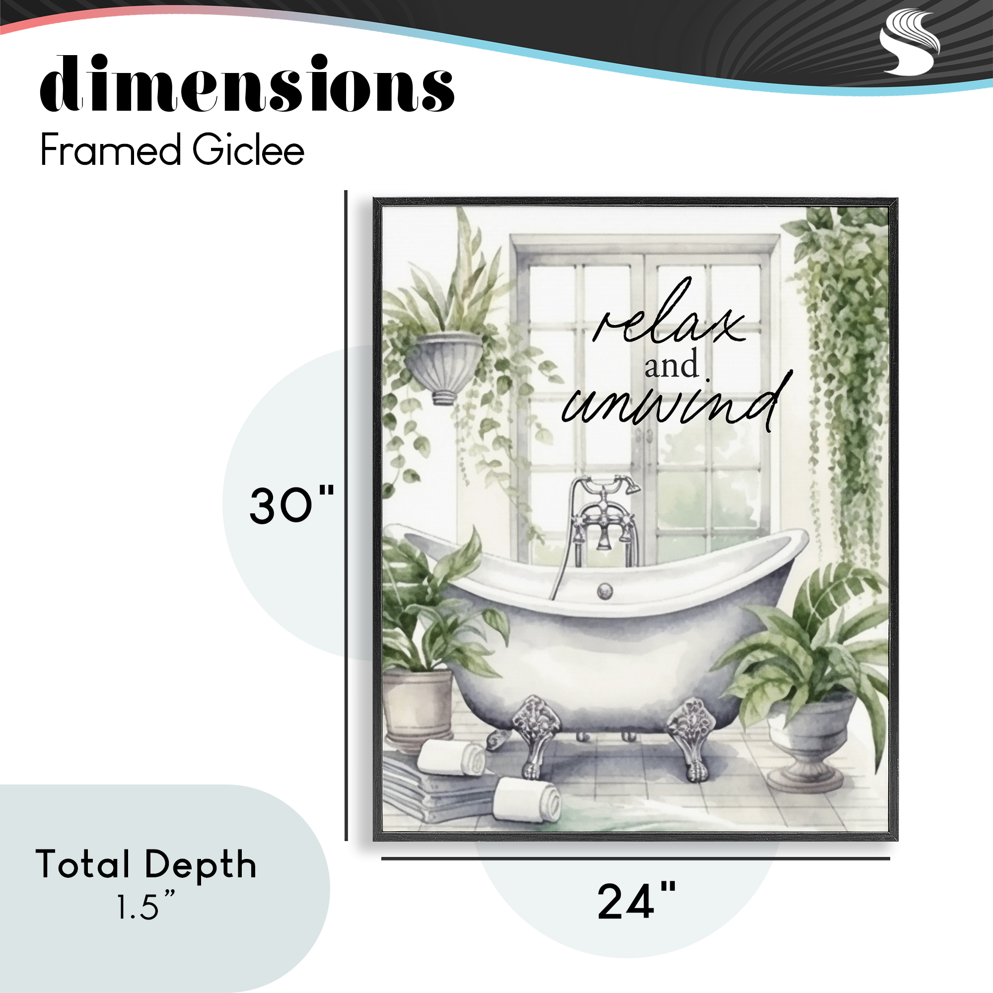 Relax Unwind Bath & Foliage Black Framed Giclee Art, design by Lettered and Lined