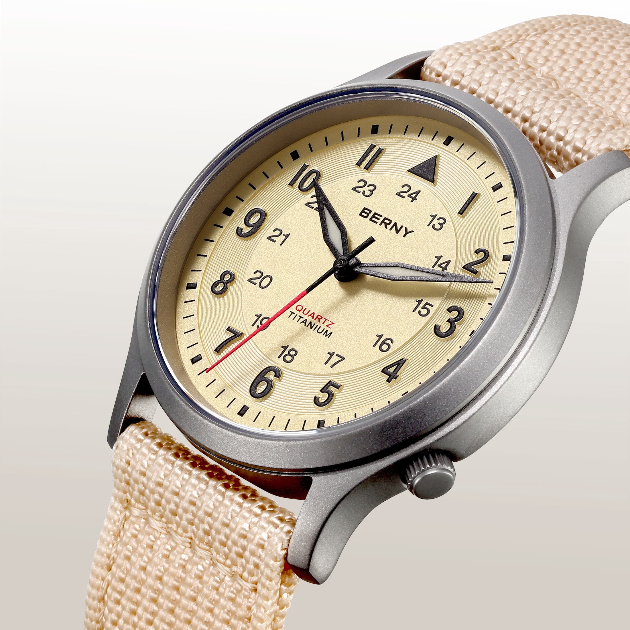 BERNY Titanium Watches for Men, Japanese Quartz Movement Men's Field Watch, 5ATM Waterproof Military Wristwatch for Men, Analog Sport Watches, Beige
