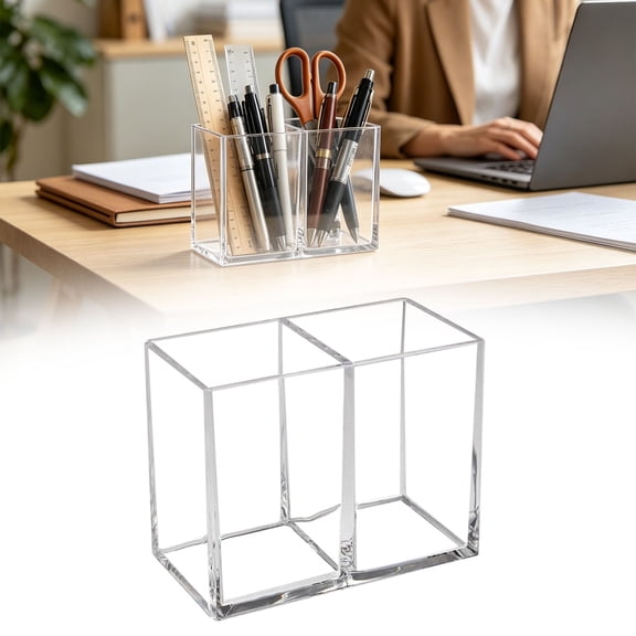 HonestMatter Acrylic Pen Holder, 2 Compartment Desk Organizer for Pencils and Makeup Brushes, Clear Pencil Holder for Desktop Stationery, 1 Pack