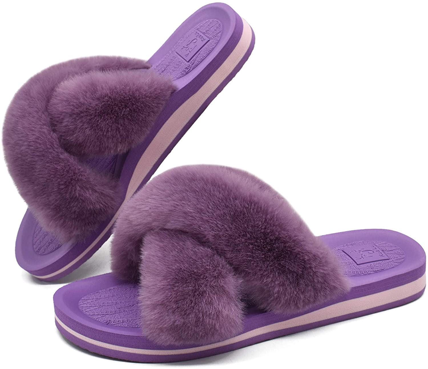 KuaiLu Womens Fluffy Faux Fur Sliders Open Toe Fuzzy Plush Cosy House Slippers Ladies Non-Slip Hard Rubber Sole Flip Flops with Arch Support 