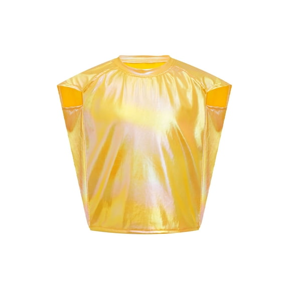 Haitryli Kids Boys Girls Metallic Dance Top Shiny Cap Sleeve Round Neck T-Shirt Sparkly Casual Shirt Yellow 9-12