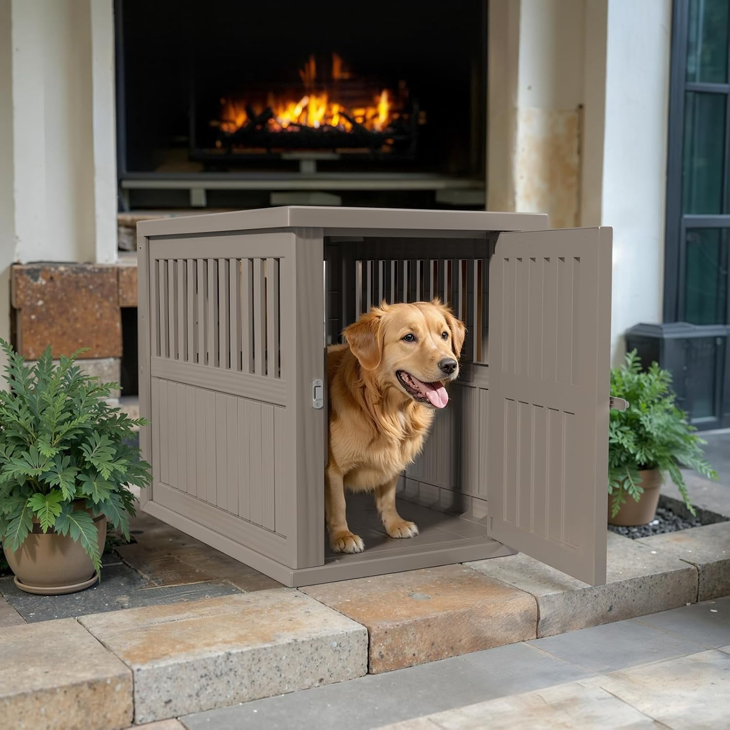 30x21x25in Heavy-Duty Resin Dog Crate for Large Dogs – Weatherproof, Ventilated, Lockable Door Indoor/Outdoor Portable Kennel (Light Coffee)