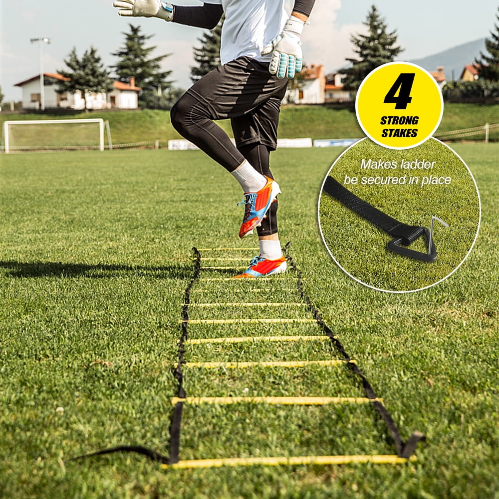 MABOTO Speed Training Kit Ladder Football Ladder with 12-Rung with 12 Cones and 4 Stakes Football Training Equipment Speed Training Kit for Football Basketball Baseball Hockey