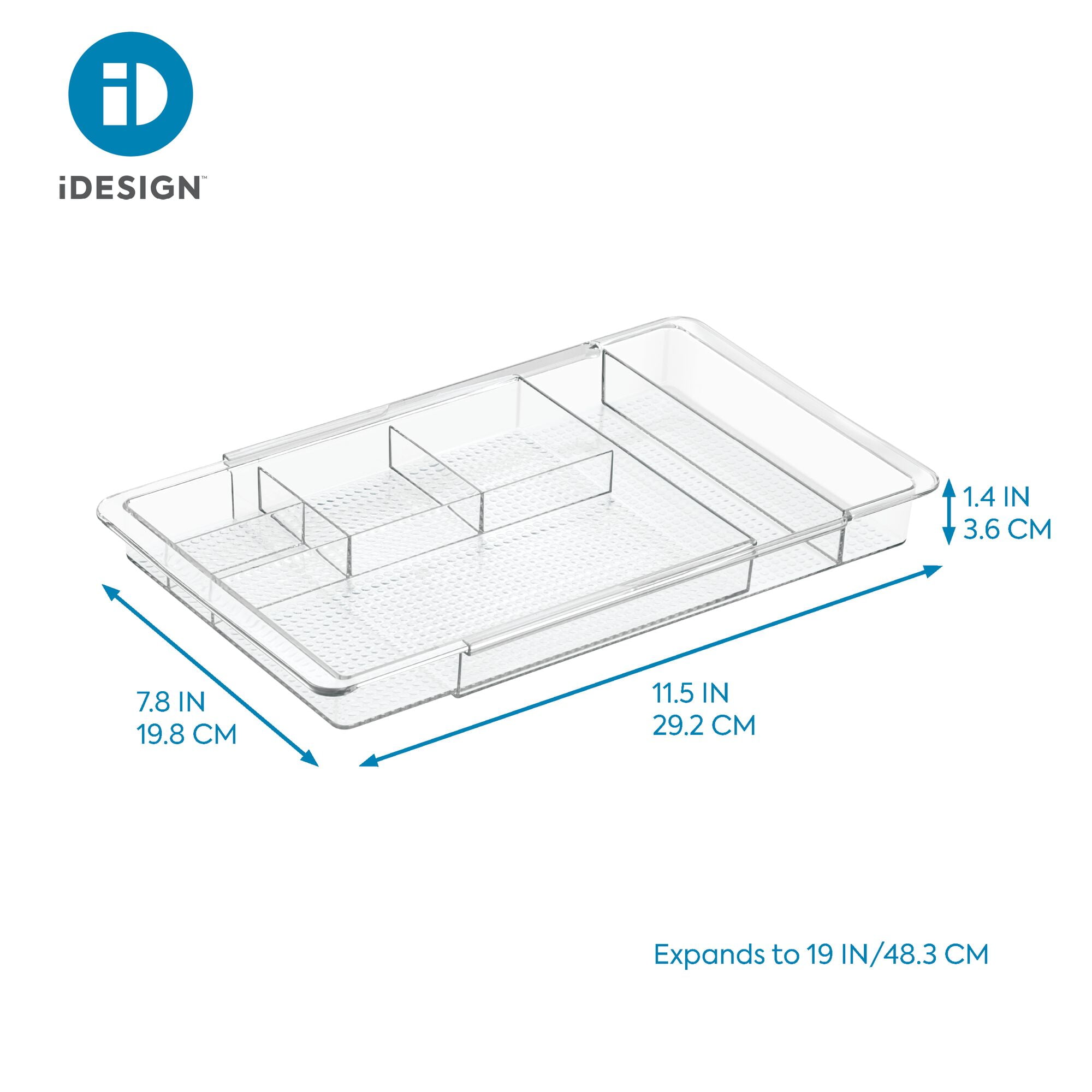 iDesign Clarity Expandable Divided Drawer and Shelf Organizer Tray, 7.8" x 11.5" x 1.25", Clear