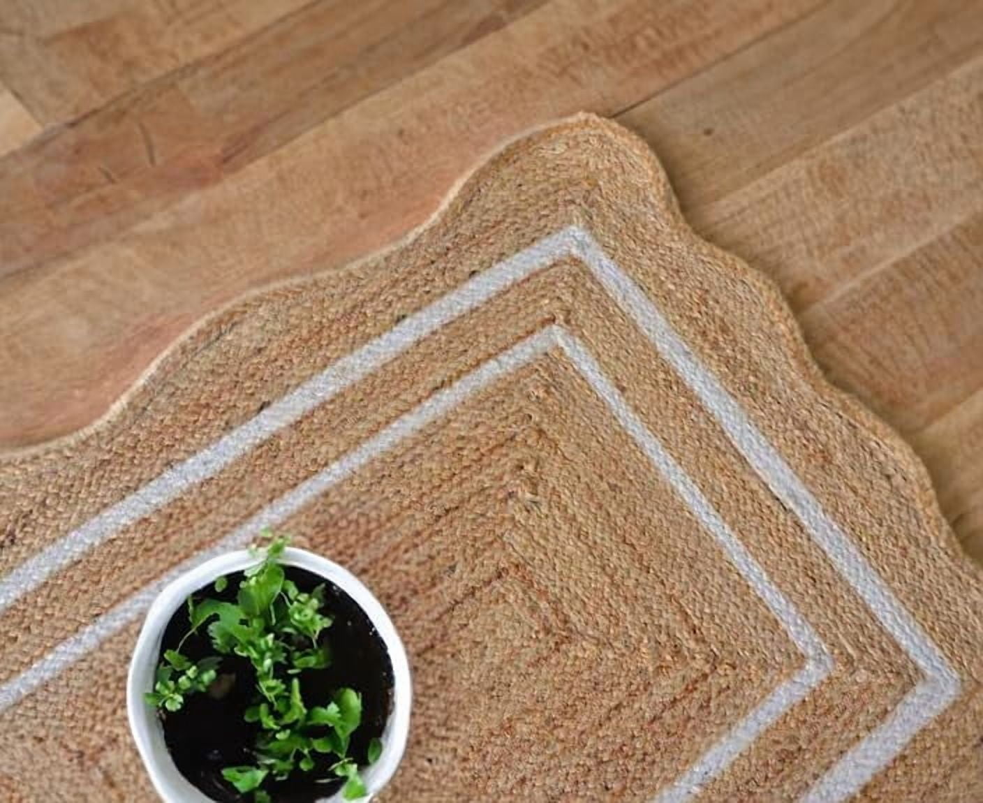 2x8 Ft White Border Premium Scalloped Jute Rug, Handcrafted Natural Braided Carpet for Living Room, Bedroom, Entryway, Hallway etc.