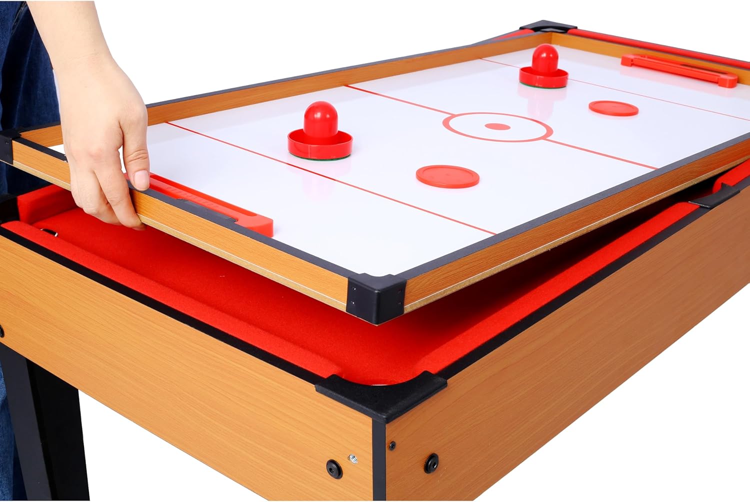 43“ Upgrade 5-in-1 Multi-Game Table - Billiards, Push Hockey, Foosball, Ping Pong, and Basketball brown /red