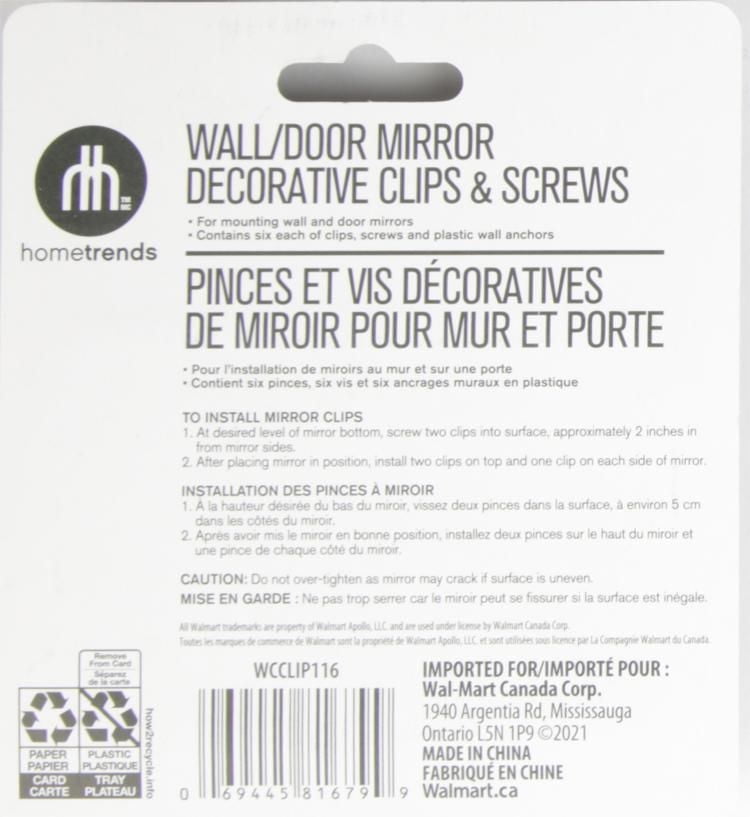 Hometrends Clips en plastique transparent et vis pour fixation de miroirs muraux et miroirs de porte, 6 Ensemble de clips Clip et vis pour miroir