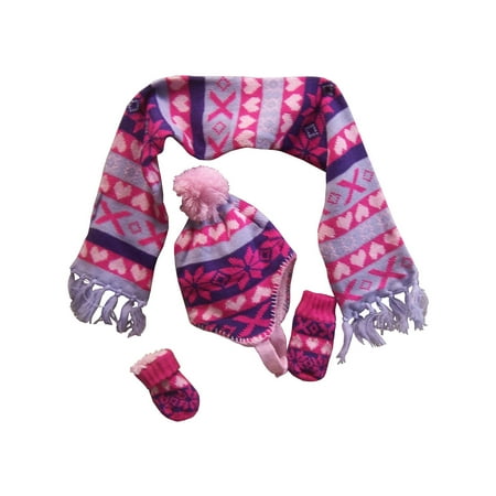 Snowflake Knit Hat NICE CAPS Little Girls and Infants Sherpa Lined Snowflake Design Knitted Hat Mitten Scarf Cold Weather Winter Accessory Set - Fits Baby Toddler Kids Childrens Sizes ()