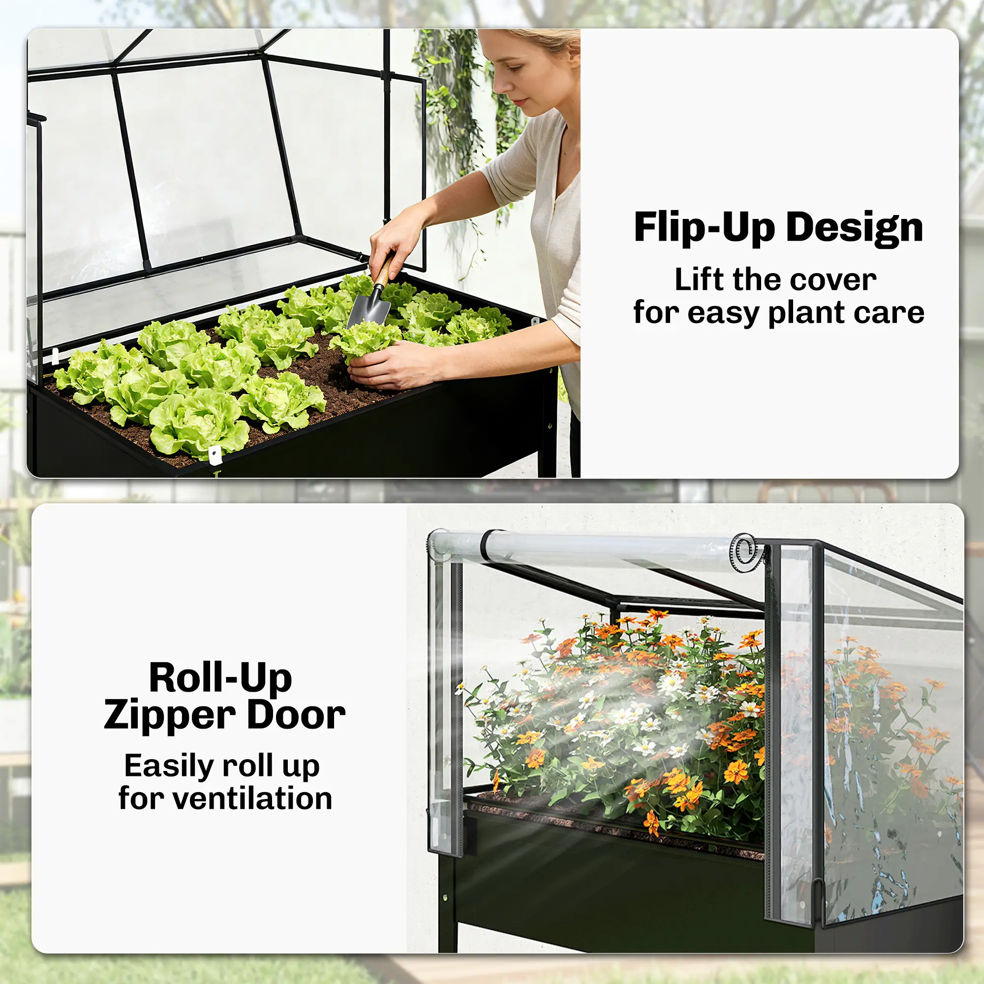 2-in-1 Raised Garden Bed with Mini Greenhouse Cover, Black Elevated Planter Box, Flip-Up Zippered Door, Drainage Hole, 0.6mm Rustproof Metal, 176lbs Capacity for Outdoor Plants