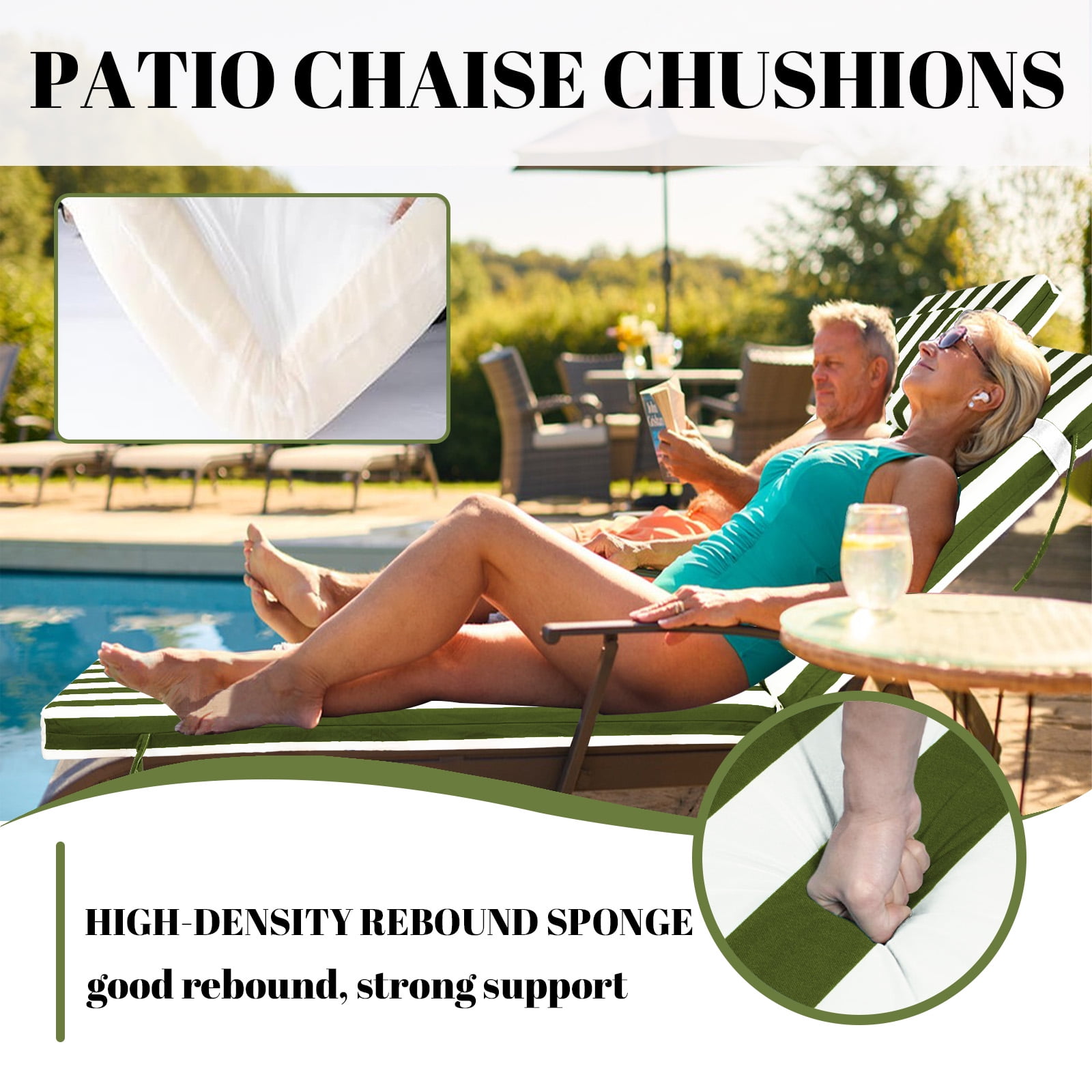SDJPOI Outdoor Chaise Lounge Cushions, Patio Chaise Cushion with Headres for Pool Sand Beach
