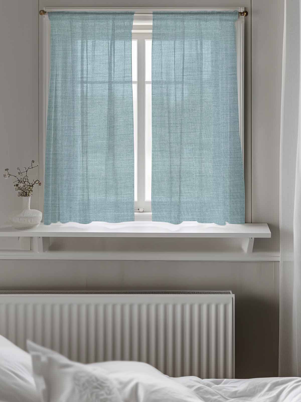 Vintage Haze Blue Curtains 45 Inch Length,Sheer Curtains for Bedroom Living Room Window Farmhouse Retro Solid Color Linen Texture Voile Drapes Kitchen Curtains Small Half Window 52"x45" 2 Panels