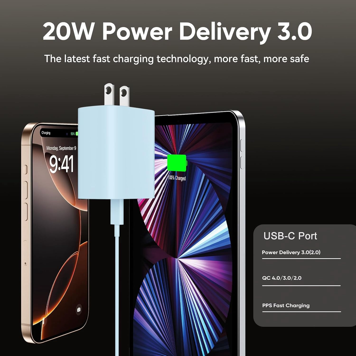 i.Phone 15 16 Pro Max Charger, 10 FT Long Cord USB C to C Fast Charging Cable with PD 20W Fast Charger Block for i.Phone 16/16 pro/16 plus/16 pro max/15/15 Pro max/ 15 pro/15 Plus, Pad Pro/air, Blue