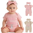 thumbnail image 4 of RMGVDSD Baby Girl Romper Summer Outfit Soft Ribbed Onesie Short Sleeve One Piece Jumpsuit Headband Comfy Cute Crawling Suit 6-12 Months, 4 of 4