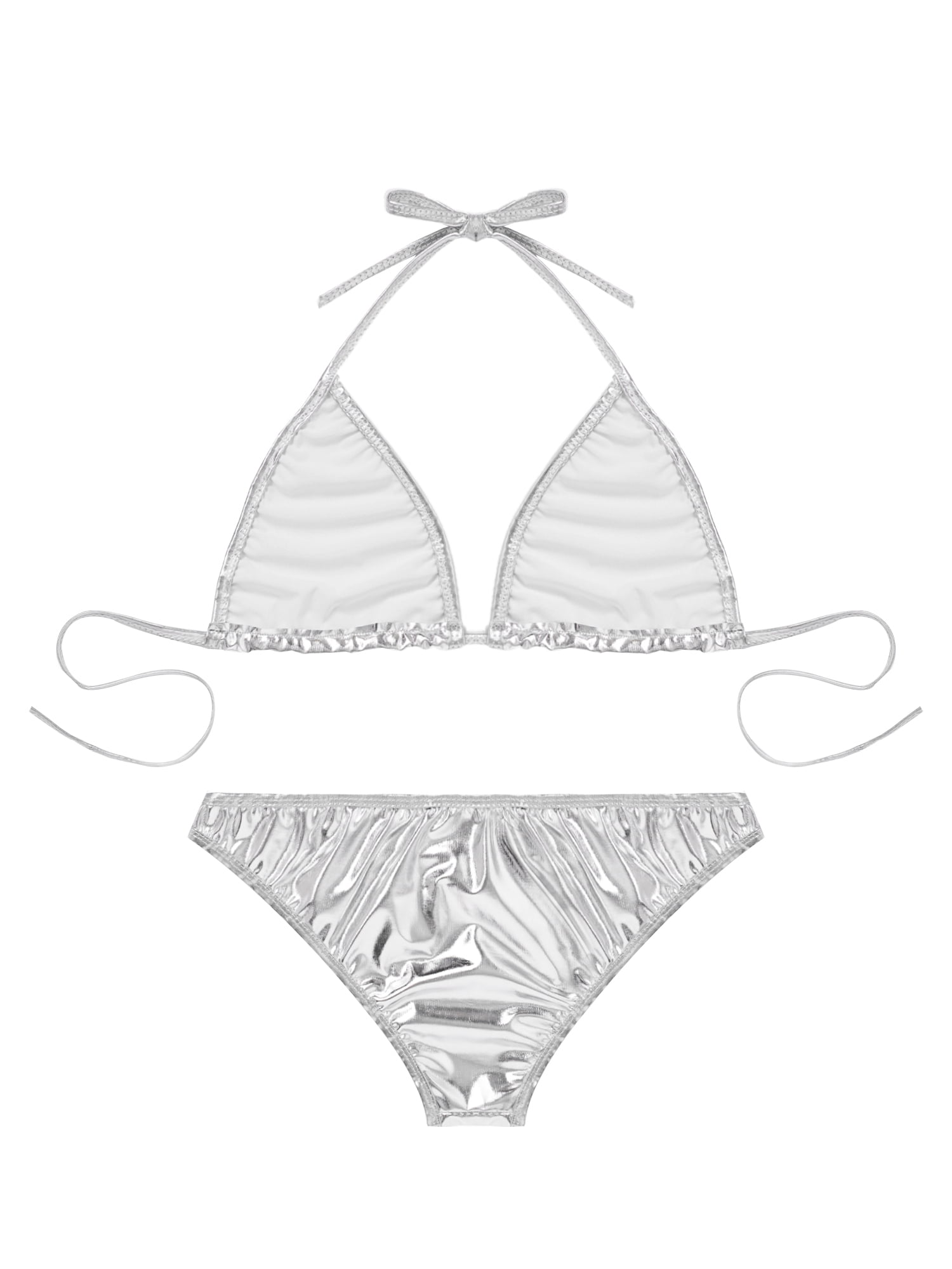 YiZYiF Womens Faux Leather Metallic Bikini Set Halter Bra