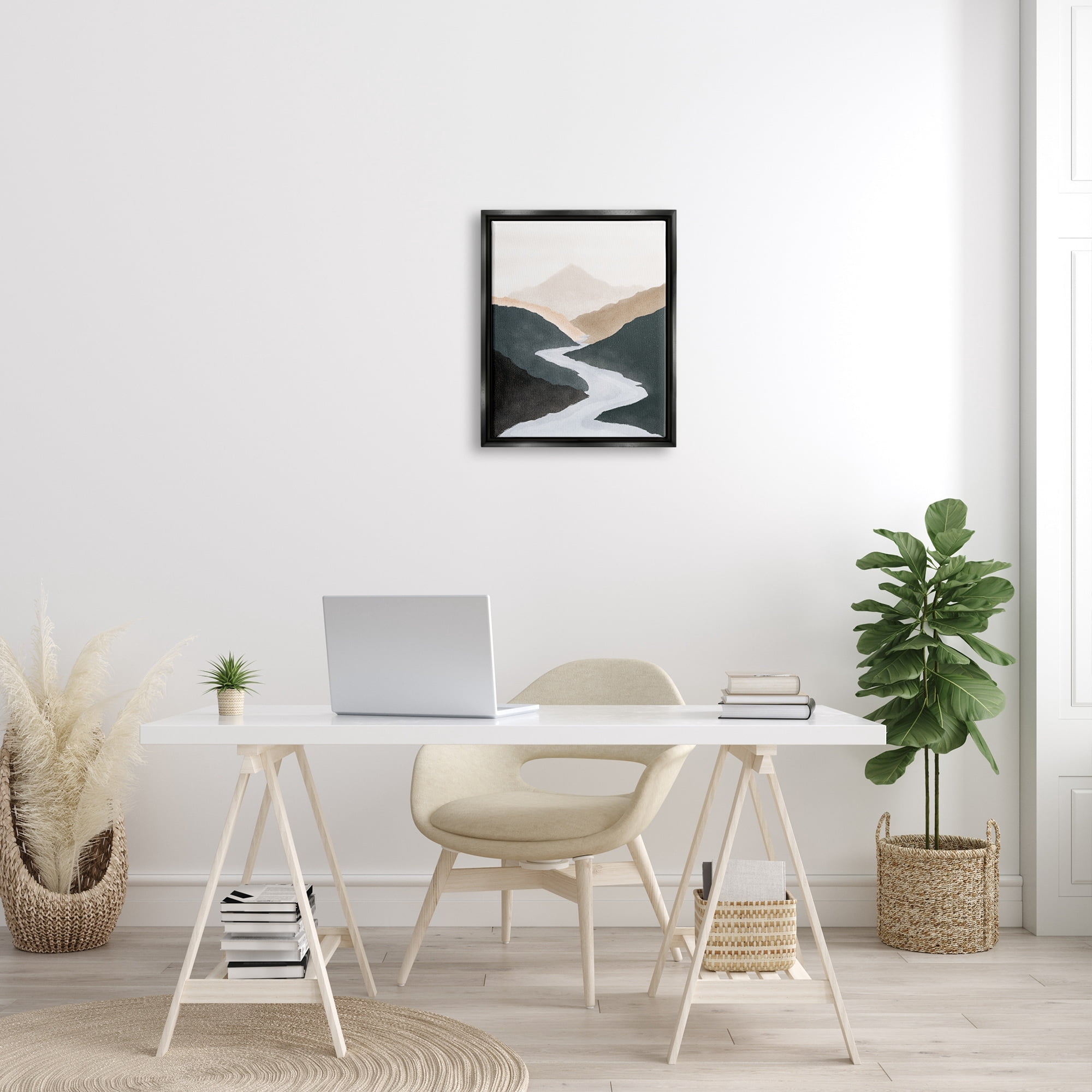 Stupell Industries Flowing River Nature Landscape Foggy Distant Mountain Painting Jet Black Floating Framed Canvas Print Wall Art, Design by JJ Design House LLC
