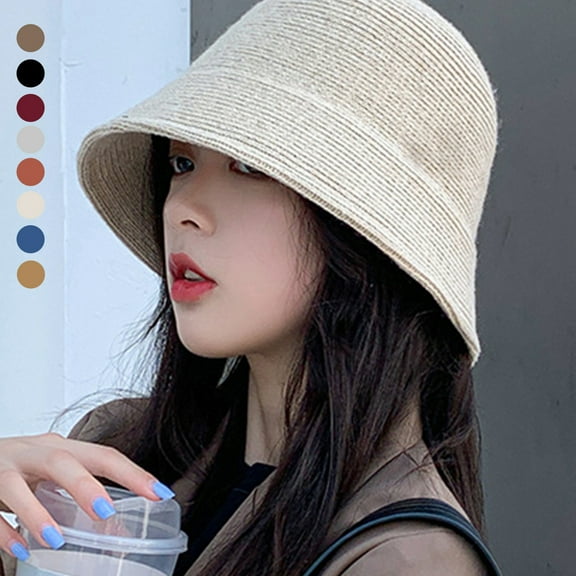 Opolski Womens Bucket Hats Women Solid Color Wool Bucket Hat Drawstring Fisherman Vintage Knitted Basin Cap
