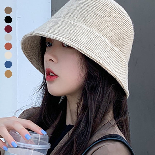 Flmtop Women Solid Color Wool Bucket Hat Drawstring Fisherman Vintage Knitted Basin Cap