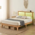 thumbnail image 1 of Bingirl Queen-Size Rattan Bed Frame with LED Lights, Natural Headboard, Solid Wood Foundation with Silent Slats, Platform Bed Frame - Noise-Free, No Box Spring Needed, Easy to Assemble, 1 of 8