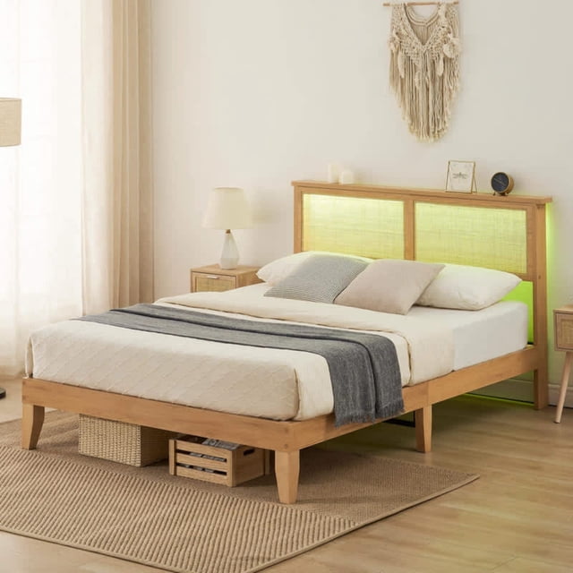 Bingirl Queen-Size Rattan Bed Frame with LED Lights, Natural Headboard, Solid Wood Foundation with Silent Slats, Platform Bed Frame - Noise-Free, No Box Spring Needed, Easy to Assemble