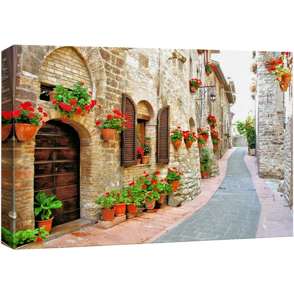 wall26 Impression sur Toile Art Mural Promenade à Travers Village Italien Rue Florale Villes Photographie Réalisme Rustique Scénique Coloré Multicolore Zen pour Salon, Chambre, Bureau - 16"x24 Pouces