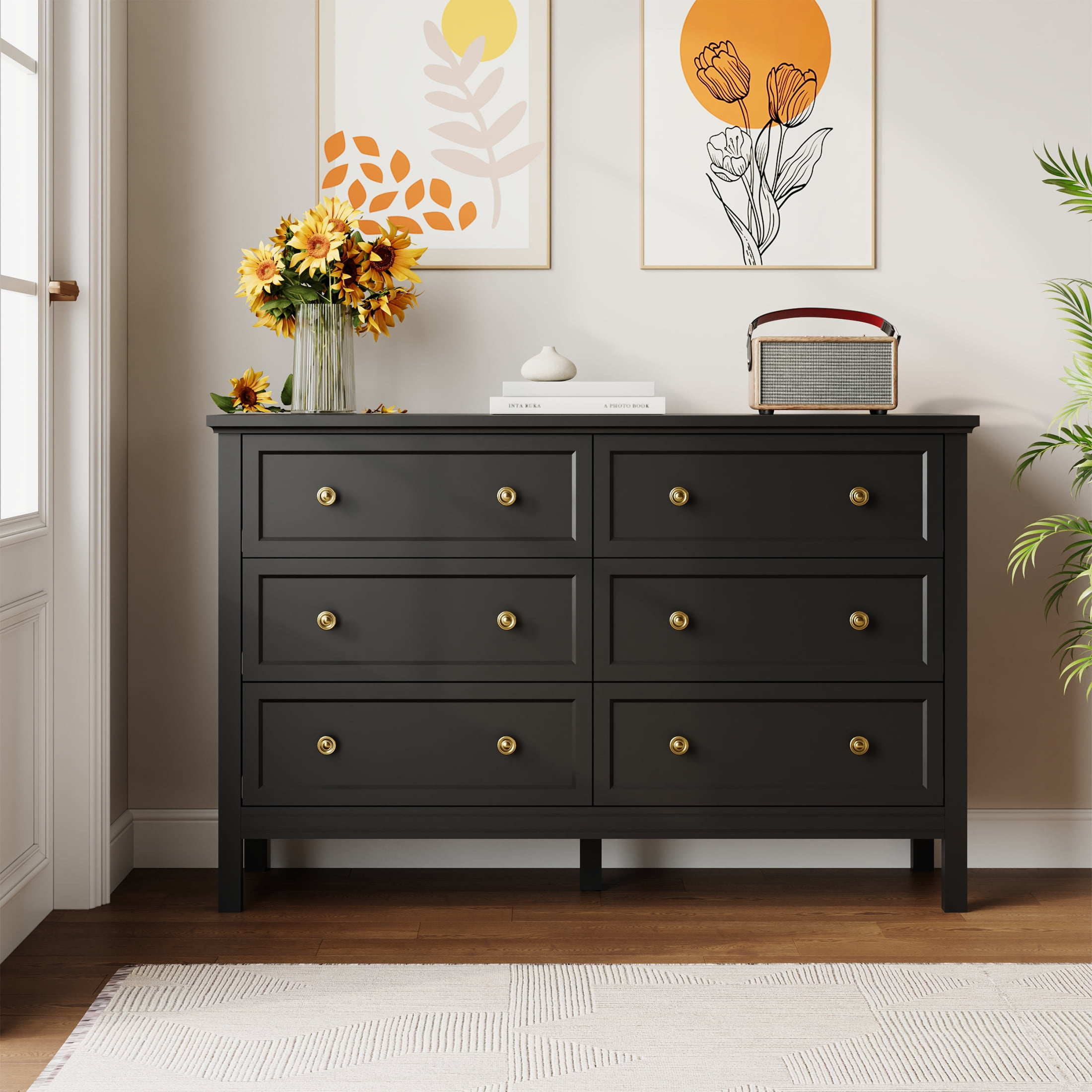 YouTrend Black Dresser with 6 Drawer for Bedroom,Traditional Adult Chest of Drawers with Golden Handles for Living Room,Hallway