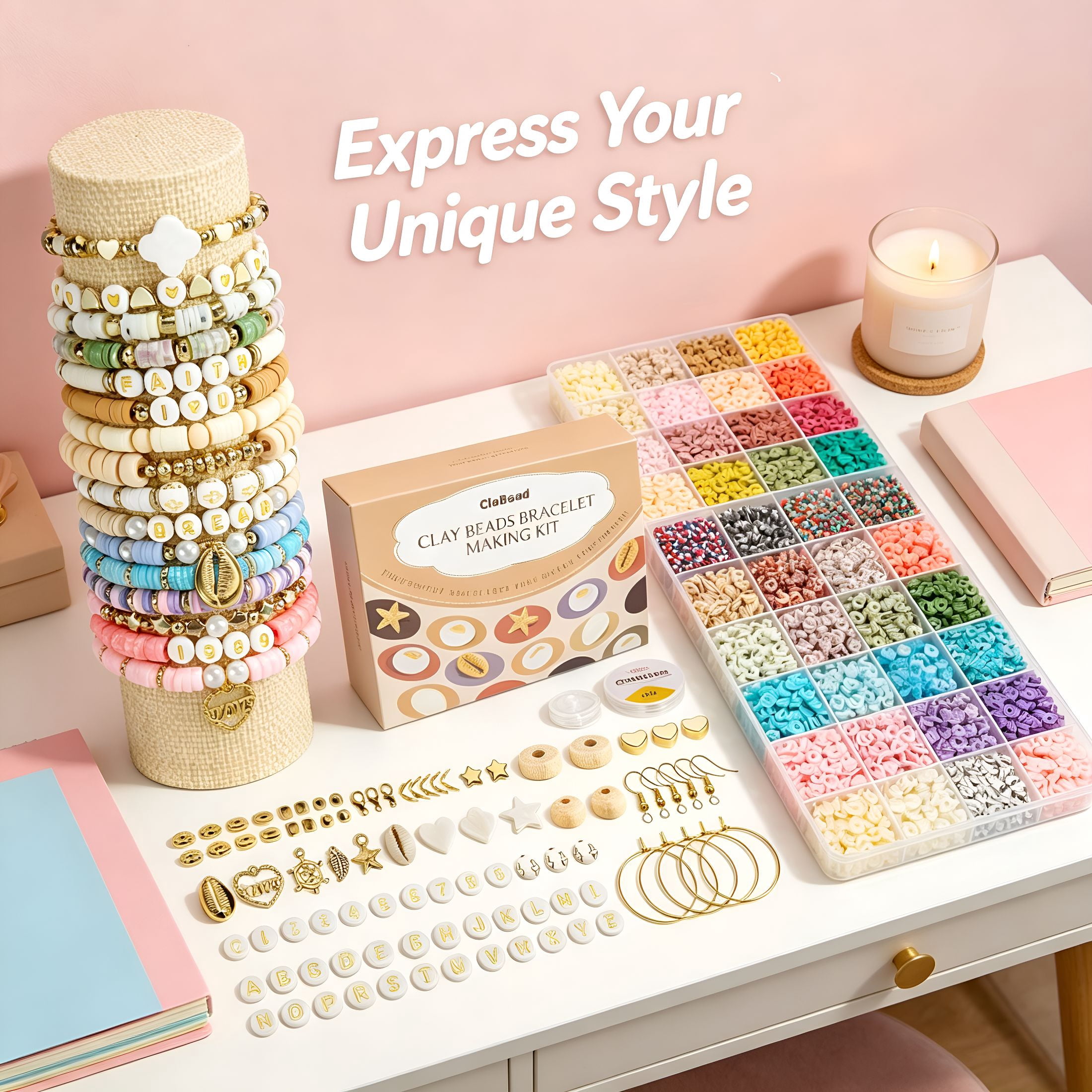 TUWAFE 14000 Pcs Clay Beads Bracelet Making Kit for Adults,3 Boxes 48 Colors Clay Beads for Bracelets Making,Jewelry Making Kits with Letter Beads for Girls 13-15,Friendship Bracelet Kit