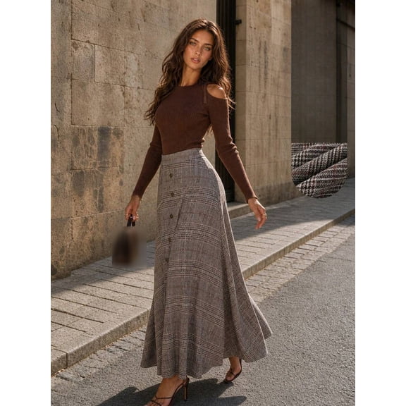 High Waist A-Line Plaid Skirt for Women Button Front Flared Midi Long Office Workwear Elegant