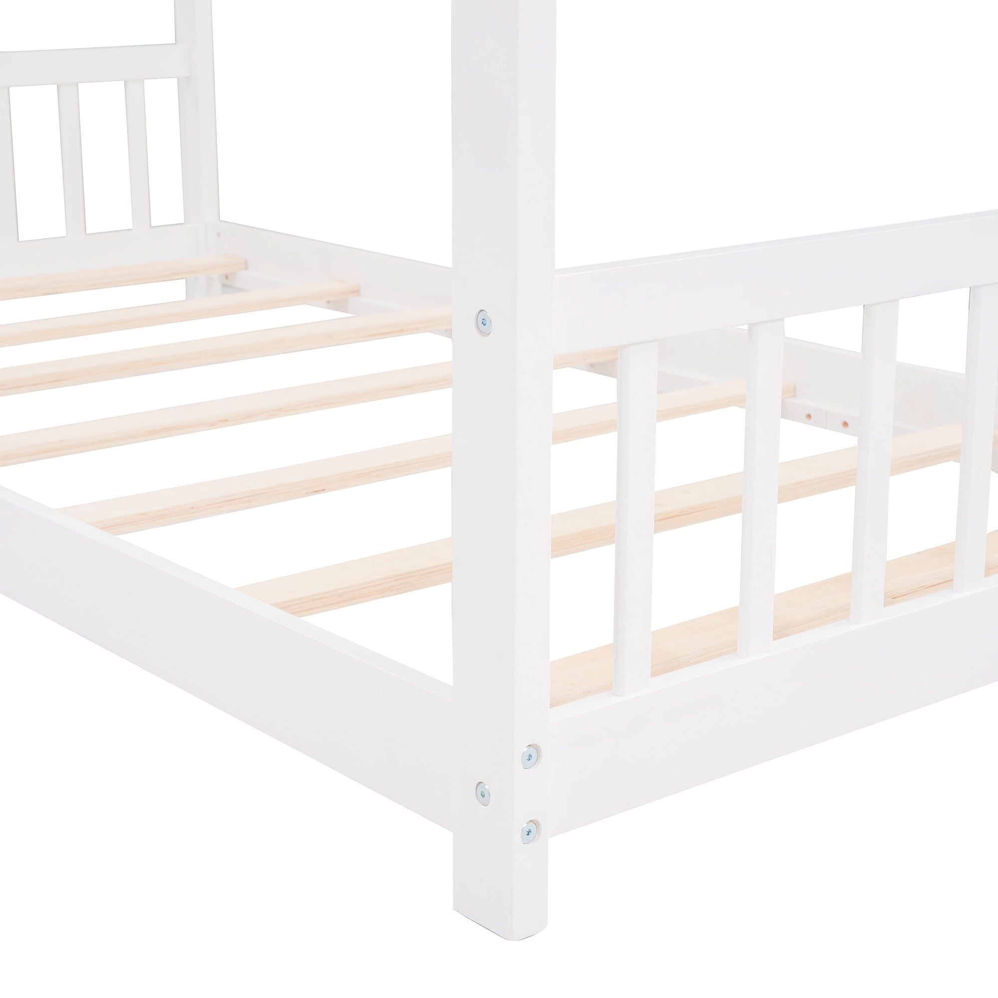 Leumius Twin Size Wood House Bed for Kids,Montessori Floor Bed Frame with Headboard and Footboard,Playhouse Bed for Girls Boys(Twin, White)