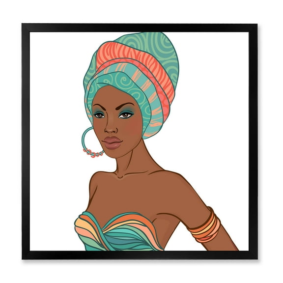 African American Woman With Turban and Earring 36 in x 36 in Framed Painting Canvas Art Print, by Designart