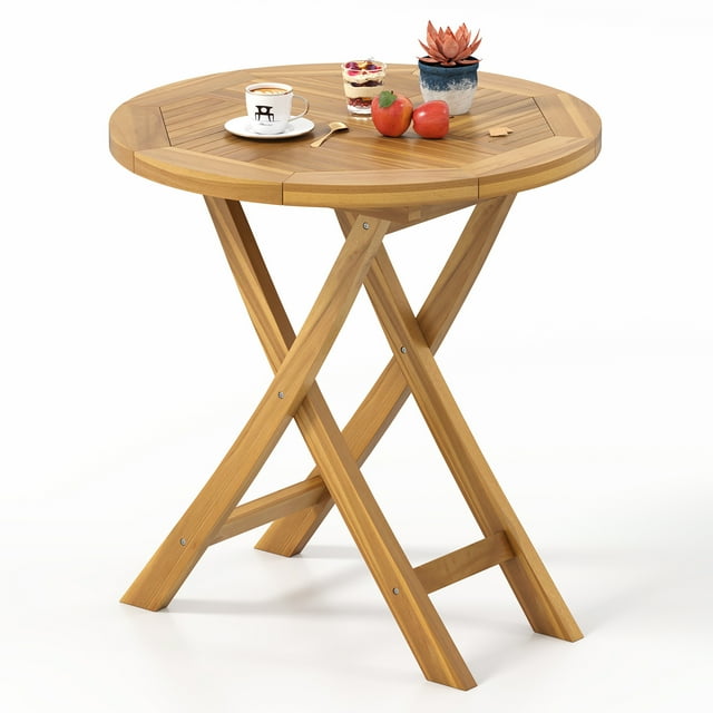 Gymax Table à Manger de Patio en Teck 27,5 Pieds' Table d'Appoint Ronde avec Dessus à Lattes