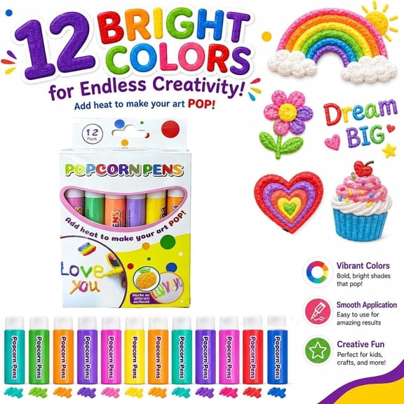 Popcorn Pens 12 Pack, 5.12 Inch Heat Activated Puffy Paint Markers, 3D Bubble Drawing Pens for DIY Greeting Cards and Scrapbooking