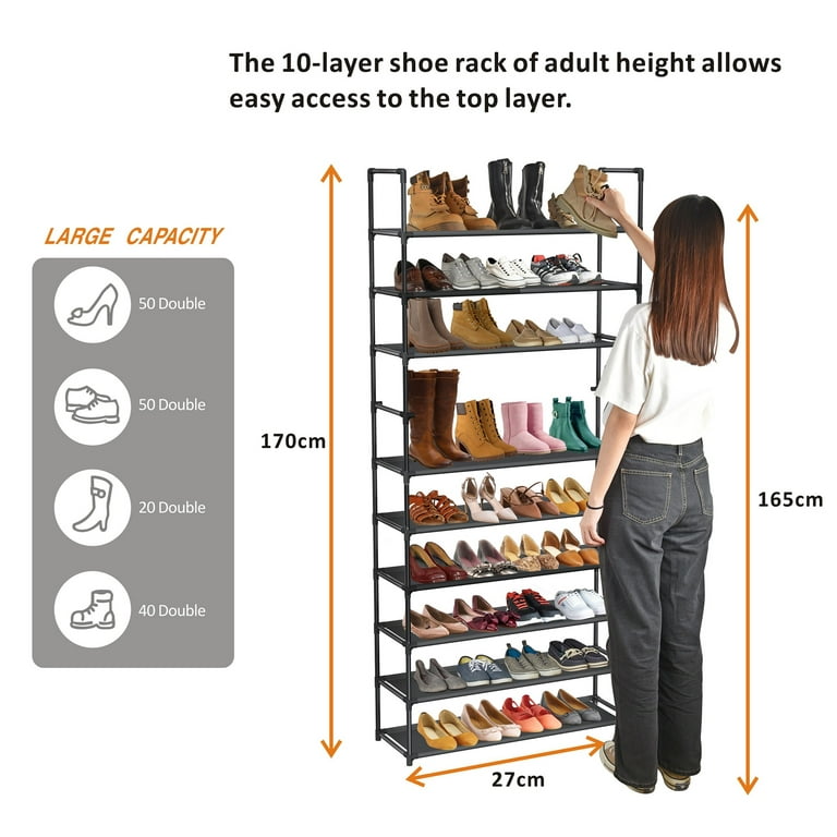 10-Tier Tall Large Capacity Shoe Rack, Metal Shoe Storage Organizer for  Entryway