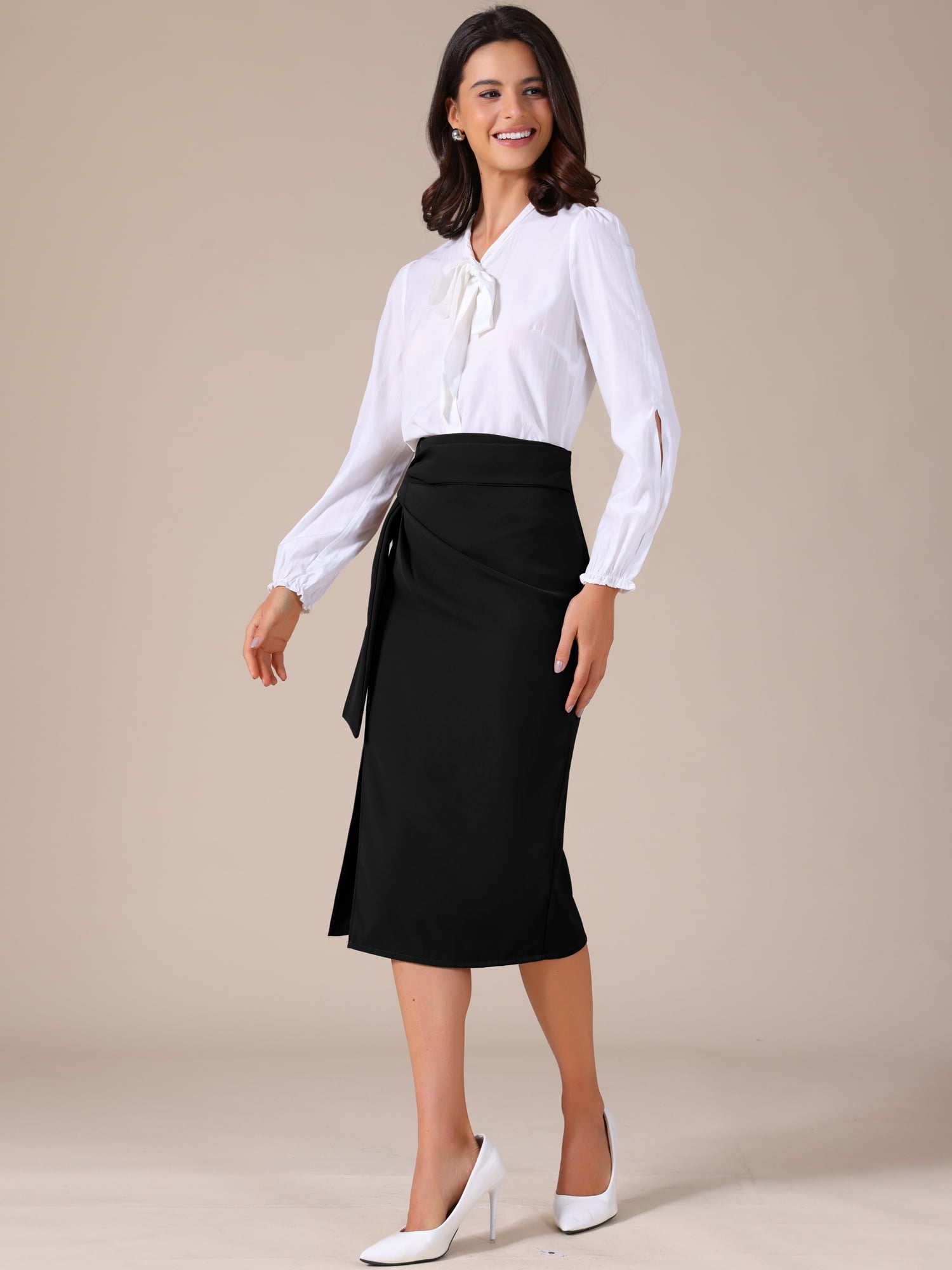 DARING DIVA Women's Work Wrap Bow Tie Office Slit Midi Skirt Medium Black