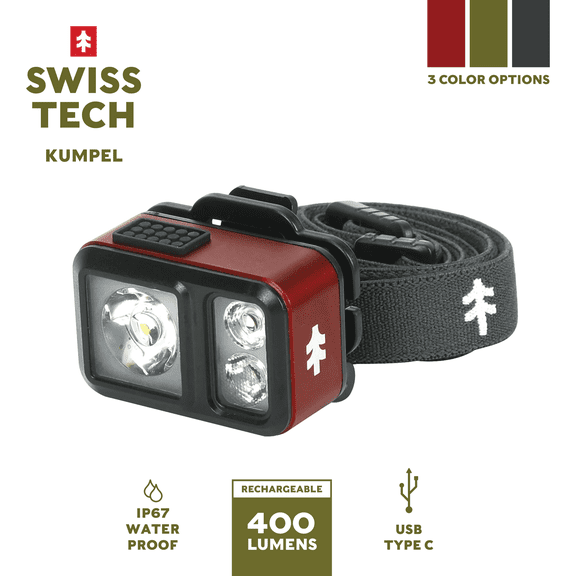Swiss Tech Kumpel 400 Lumen Mini LED Headlamp and Cap Light, IP67 Waterproof, 0.22lbs, Red